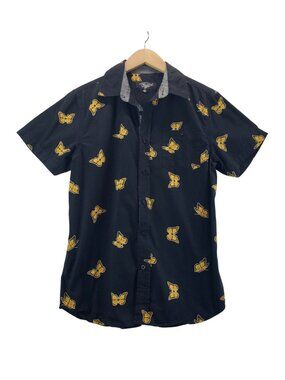 Mens Button Shirt Black Yellow Butterflies M by Eighty Eight Cotton Short Sleeve
